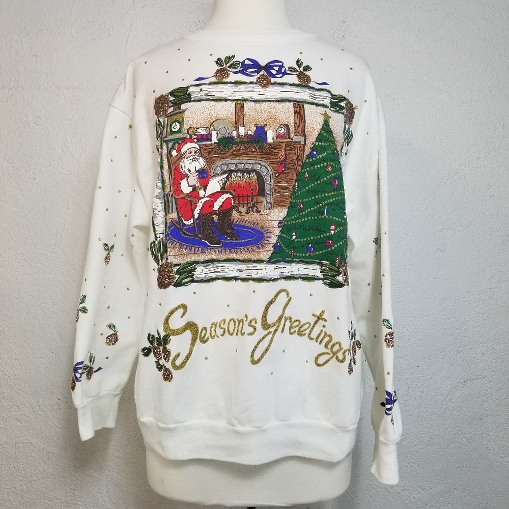 Holiday Time Christmas Santa VTG USA Made White Pullover Sweatshirt Size XL